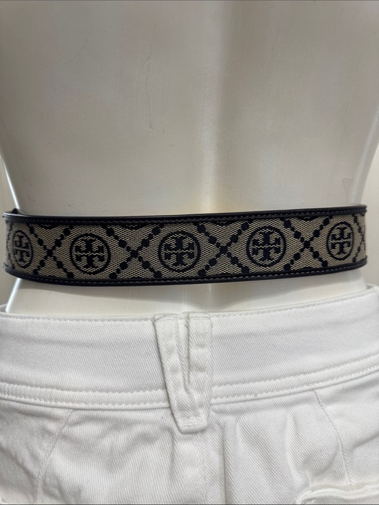 Tory Burch Black and Beige Logo Web Belt with Gold Medallion Buckle Size Small main image 5